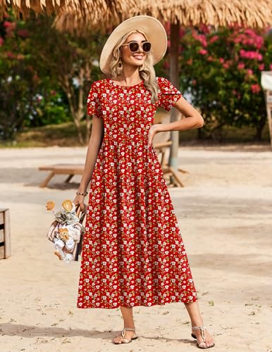 Image of Zeagoo Summer Dresses for Women 2026 Maxi Bohemian Floral Short Sleeve Long Dress Casual Flowy Tired Beach Sundress