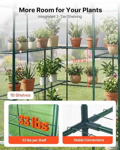 Image of VEVOR Walk-in Greenhouse, 54 inch x 54 inch x 77.2 inch Greenhouse for Outdoors with PVC Cover, 2 Tiers 10 Shelves, Roll-Up Zipper Door, Walk in Green House, Portable Plant Garden Hot House for Backyard Outside