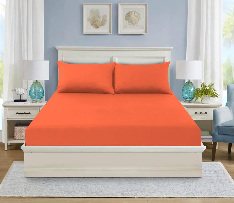 WEAVERS: 3 Pcs Luxury Polycotton 25cm Deep Fitted Sheet with Pillowcase Pair (Size Super King, Colour Orange) โ image 1