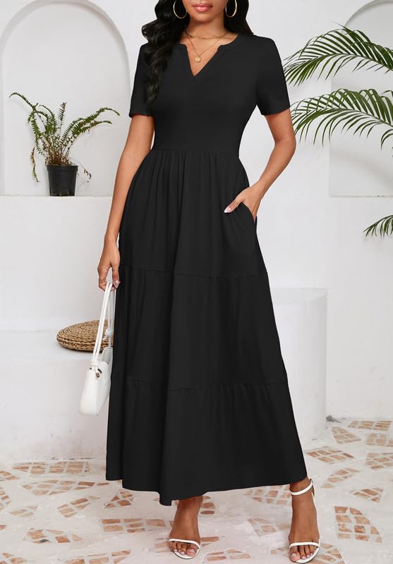 Image of MarryUP Women 2025 Casual Loose Maxi Dress with Pockets V Neck Short Sleeve Tiered Long Summer Beach Swing Dresses
