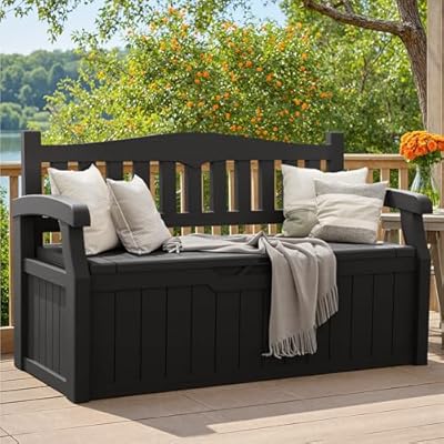 Greesum 80 Gallon Deck Box Storage Bench, Patio Furniture, Lockable, Waterproof and UV Resistant,with Armrest, Suitable for Garden, Porch, Poolside, Dark Black