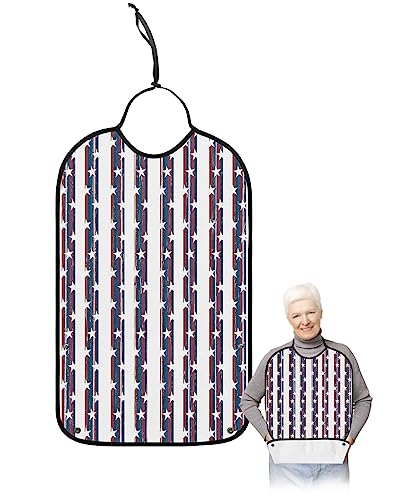 Adult Bibs for Elderly Women - 4th of July Striped Waterproof Dining Clothing Protectors with Crumb Catcher for Eating/Feeding, Independence Day American Star Terry Cloth Bib Machine Washable