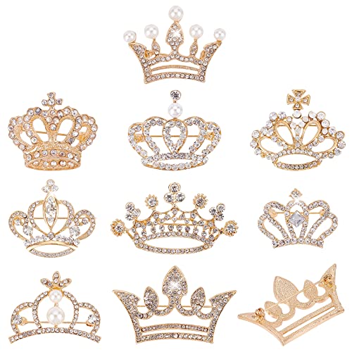 Image of CHGCRAFT 9Pcs 9 Styles Crystal Rhinestone Crown Brooch Pin for Women Open Pave Crystal Wedding Brooch Scarf Pin Gift for Women Womens Mother Shirts Dresses, Light Gold