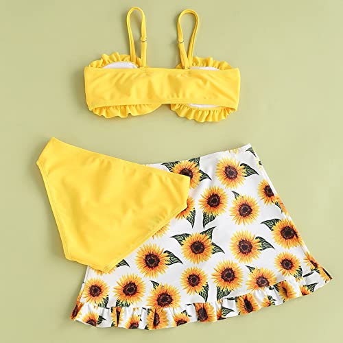 Girl's Cute 3 Piece Swimsuit V Neck Spaghetti Strap Wireless Bikini Set with Ruffle Skirt Sunflower Bathing Suit3