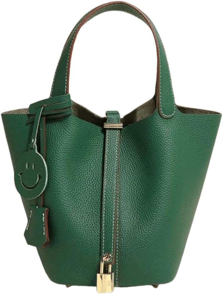 Genuine Leather-Handbags,Bucket-Vegetable Basket-Elegant & Fashionable- with Lock-Portable,fashion-Female Bag
