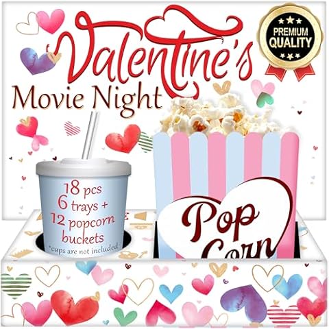 Cheshire Gifts Valentine's Day Movie Night Supplies 18 Pcs - Popcorn Bags (12ct) & Movie Snack Trays (6ct) - Valentines Day Popcorn Buckets, Valentines Day Snack Box & Valentines Gifts for Kids Cover