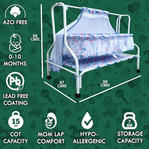 Image of Kiddery Neptune | Cradle for Baby | New Improved Mattress Design | Mosquito Protection Net | Smooth Swing | All Wheel Lock | Palna | Jhula | Uyyala| 0-10 Months | Blue