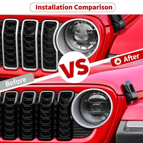 Image of JeCar Front Grille Inserts Grill Frame Trim Covers Exterior Accessories Compatible with Jeep Wrangler 2024 JL JLU & Gladiator JT 2024, Black