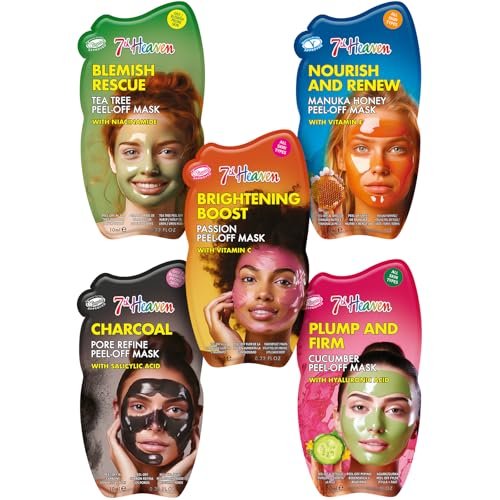 7th Heaven Face Mask Multipack Pack of 5 Peel-Off Masks with Salicylic Acid Vitamin C Hyaluronic Acid Tea Tree & Vitamin E Cleansing Brightening & Hydrating Skincare Cruelty-Free Skincare