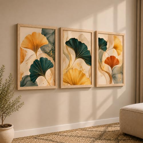 Image of NoWorries Abstract Ginkgo Leaf Wall Art Frames Set of 3 | Modern Botanical Look Paintings with Gold & Teal Leaves | Premium 300 GSM Prints in Synthetic Wooden Frames | Living Room, Bedroom, Office & Home Decor (NATURAL, ART-15, 21X31INCHES)