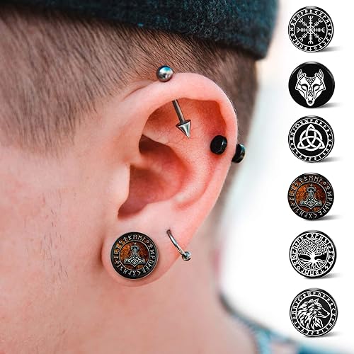 SIISPRI 6Pairs Norse Viking Stud Earrings Mens Earrings Set Hypoallergenic Surgical Stainless Steel Viking Runes Round Circle Button Stud Post Earrings 10MM2