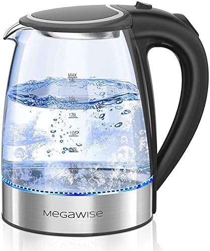 MegaWise 1500W Electric Kettle, 1.8L Borosilicate Glass Tea Kettle with LED Light, Auto Shut-Off and Boil-Dry Protection Cordless Kettle Fast Boiling