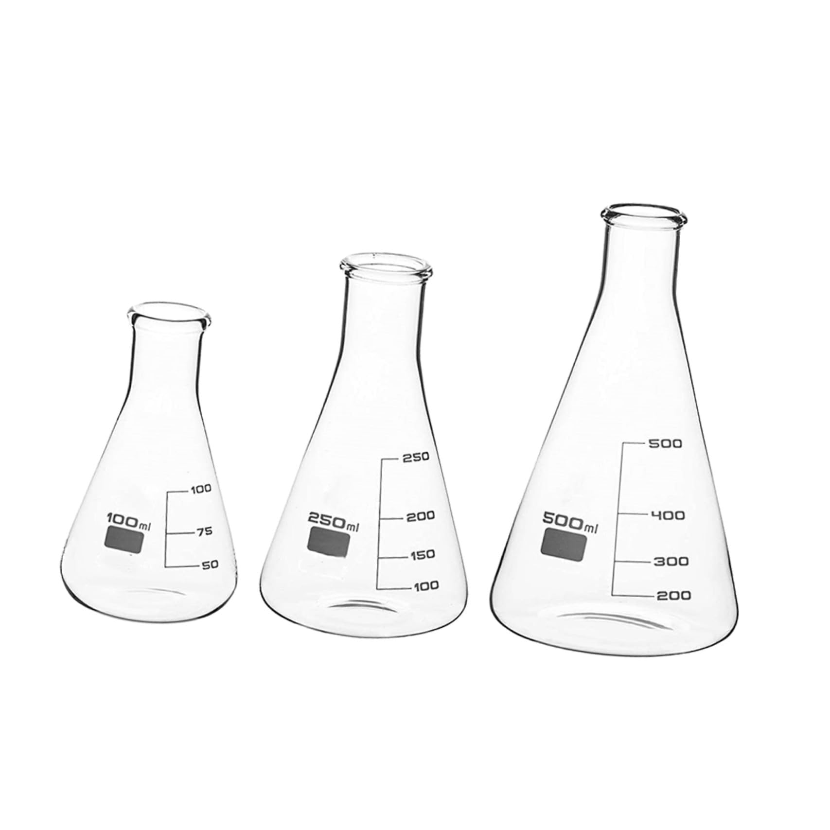 Ciieeo Lot de 3 Fioles Erlenmeyer en Verre Borosilicate Épais 100ml 250ml 500ml, Flacons Coniques Gradués à Col Étroit, Fond Plat, pour Laboratoire Scientifique et Éducation
