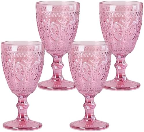 Taganov Vintage Glassware Purple Water Goblets Drinking Colored Wine Glasses Set Of 6 Pink Embossed Drinkware Stemware 10 Oz For Wedding Party Bar