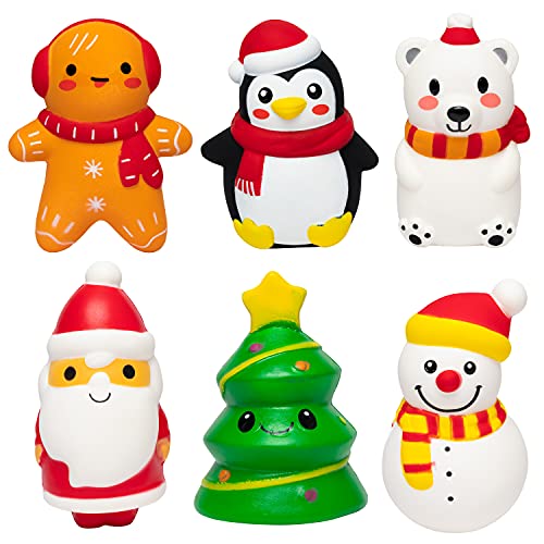 WATINC Lot de 6 jouets de Noël à presser qui reprennent lentement leur forme,Jouets Kawaii doux à presser avec Père Noël, pain d'épices, pingouin, ours blanc, flocon de neige,Jouets pour enfants Cover