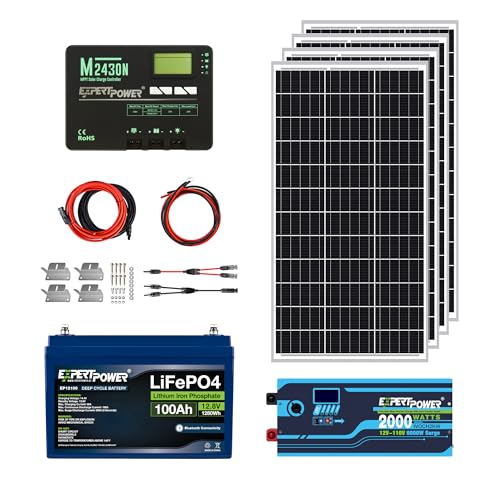 ExpertPower 1.3KWH 12V Solar Power Kit | LiFePO4 12V 100Ah, 400W Mono Solar Panels, 30A MPPT Solar Charge Controller, 2KW Pure Sine Wave Inverter Charger | RV, Trailer, Camper, Marine, Off Grid