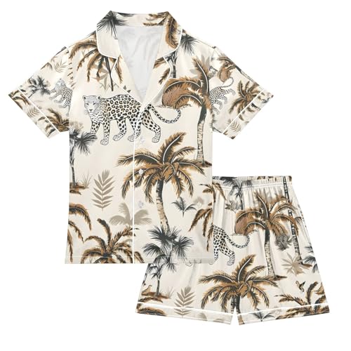 senya Leopard Tropical Painting Satin Summer Pajama Sets Silk Short Sleeve Button Down Sleepwear