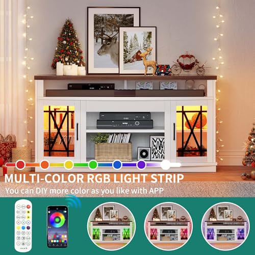 DWVO LED Farmhouse Television Stand for Living Room, 32'' Tall Entertainment Center for 65/55 Inch TV, Media Console TV Table with Storage Cabinet, Adjustable Shelves and Glass Doors, White & Brown