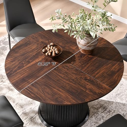 Image of T4TREAM 47 inch Fluted Round Dining Table for 4-6 People,Walnut & Black