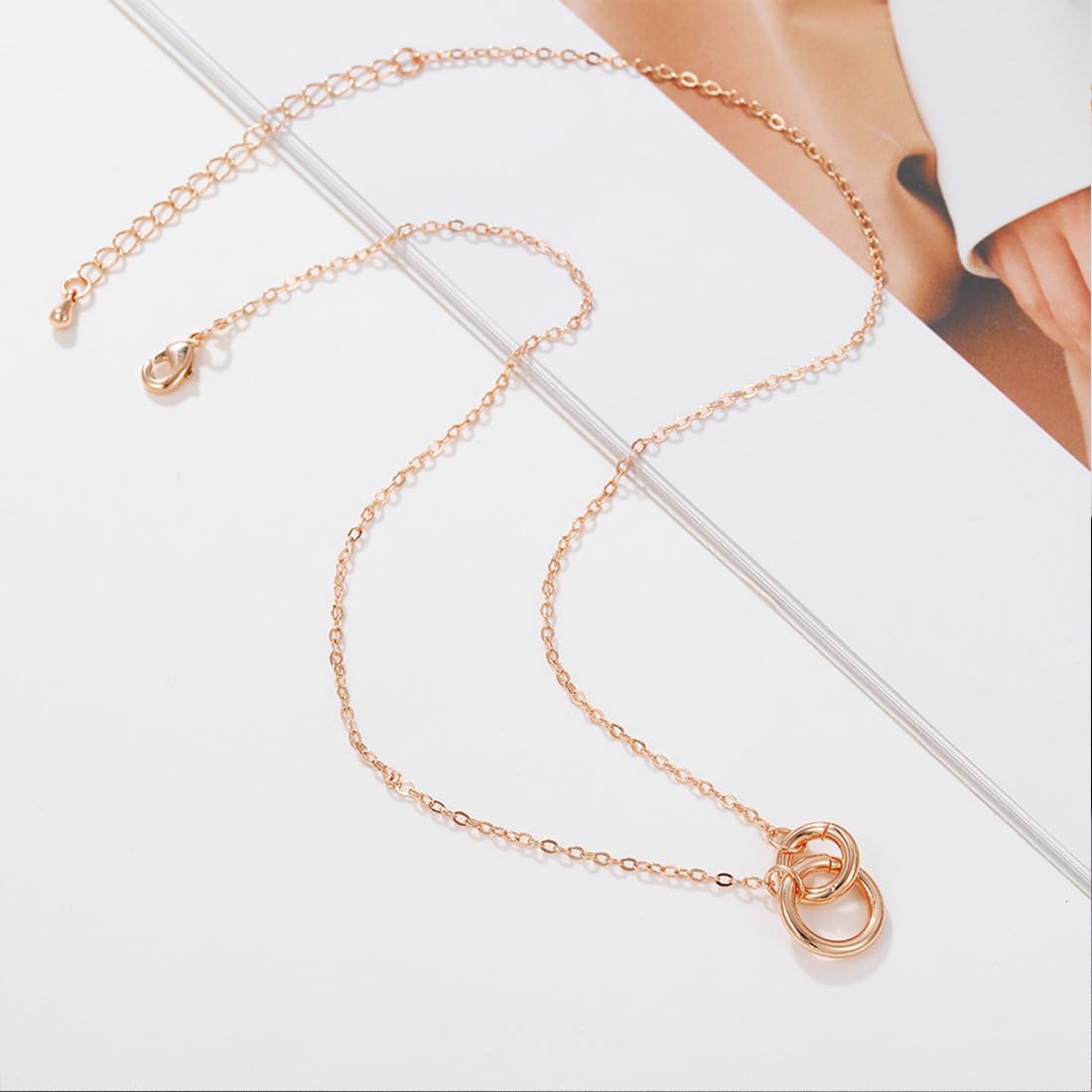 Collana Donna Collana Femmina Sterling Silver Doppio Anello Ciondolo Moda Rosa Oro Rosa Semplice Luce di Lusso Catena clavicola Ciondolo Collana (Color : A