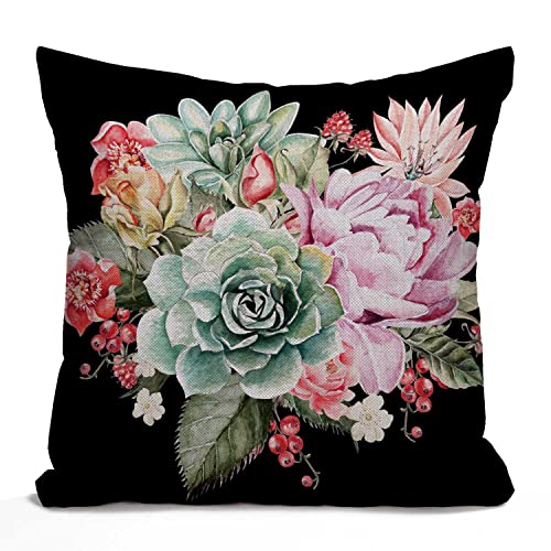 Image of Tomda Watercolor Vintage Rose Decorative Cushion Cover, Peony Succulents Cotton Linen Outdoor Pillow Cases Square Standard Throw Pillow Cover Case for Sofa Couch Bed Car 45x45cm 18x18 Inch
