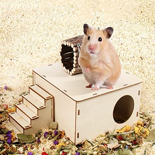 7.1 in Hamster Hideout with Hamster Ladder Platform Climbing Toy, Natural Wooden Hamster House Maze Small Animal Hideout Exploring Toys for Dwarf Syrian Hamsters Gerbils Mice (Ladder Platform)