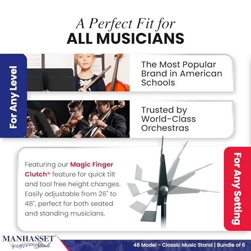Manhasset Music Stand For Sheet Music - Bulk Pack of 6 Stands - 48 Symphony Model - Long Lasting, Durable Manhasset Stand - Adjustable Height - 20" by 12" - Made in the USA
