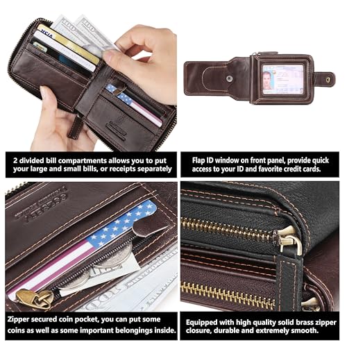 Image of Airtag Wallets For Men With Zipper RFID Blocking Leather Bifold Mens Wallet - Big Capacity Credit Card Travel Wallet - Flap ID Window Zip Coin Pocket (Coffee)