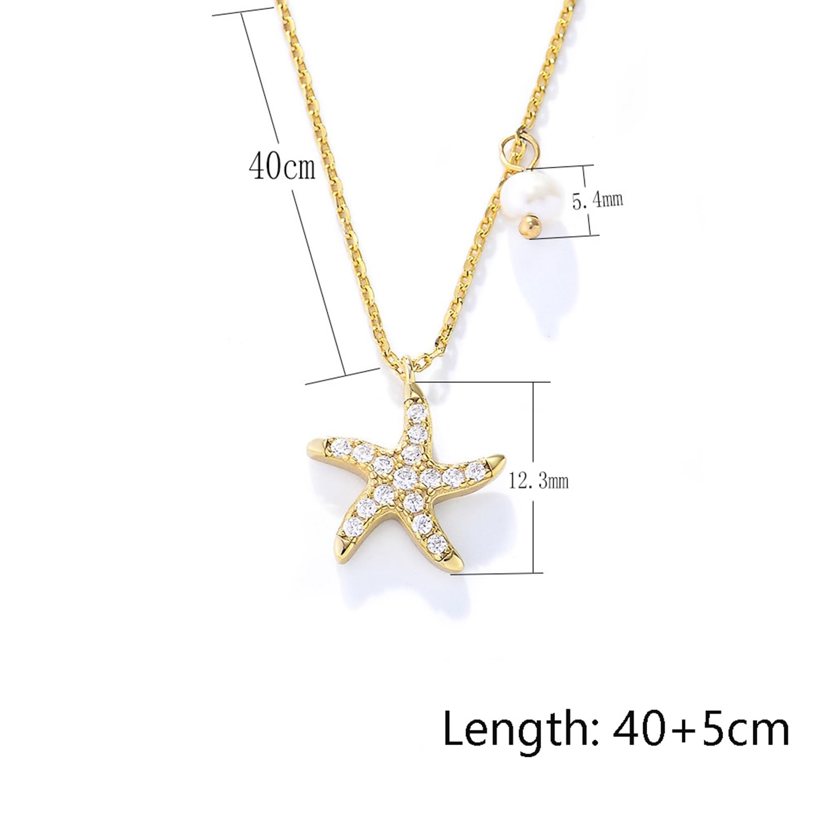Collar con colgante de moissanita para mujer, oro amarillo de 9 quilates, 14 quilates, 18 quilates, 12,3 mm, con colgante de estrella de mar y perla, cadena Rolo: 40 + 5 cm