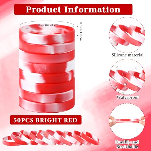 Liliful 50 Pcs Plain Silicone Rubber Bracelets Elastic Rubber Wristbands Blank Colored Bracelet Sports Bands for Stretch Wristband Wrist Bands for Women Men Party Gifts(Red and White)2