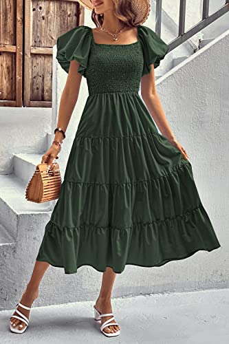 Prettygarden Women's Casual Summer Midi Dress Puffy Short Sleeve Square Neck Smocked Tiered Ruffle Dresses (Army Green,Small) #TOP7
