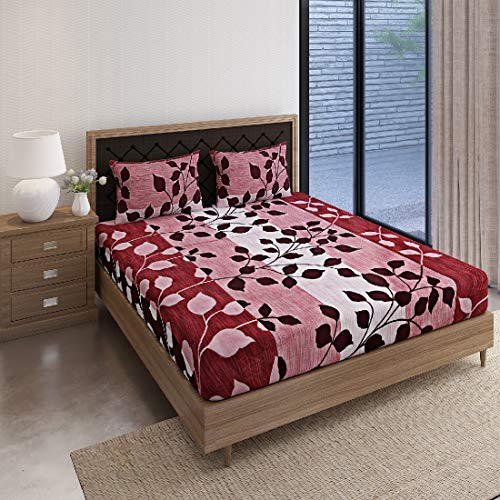 Image of Swayam Pure Cotton Double Bedsheet with 2 Pillow Covers | Size 90 x 100 inch | 160 TC | Leaf Design | Soft Breathable Bed Sheet | Comfortable & Durable for Bedroom - Red