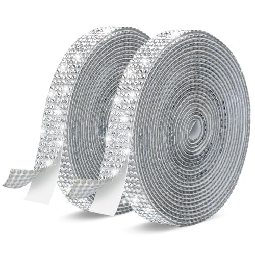 Phinus 2 Rolls Rhinestone Ribbon, 0.4 in 5 Rows Self Adhesive Rhinestone Strips, 6-Yards Crystal Rhinestone Diamond Bling Tape for Cups, Clothes, Belts, Bouquet, Crafting DIY Art Decoration (Silver)