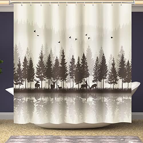 Brown Misty Forest Shower Curtain Waterproof Fabric Deer Shower Curtain Nature Mountain Shower Curtains for Bathroom Woodland Rustic Bathroom Decor Curtain, 72×72 inch Shower Curtain Set with Hooks
