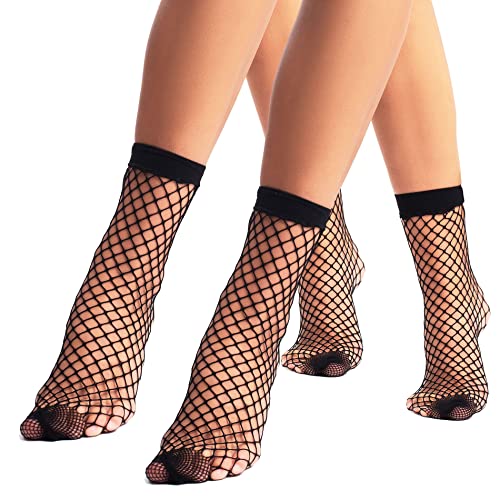 looksy Calcetines negros de red para mujer con lazos, tobilleras, talla libre, Negro Sin lazos - 2 pares, talla única Cover