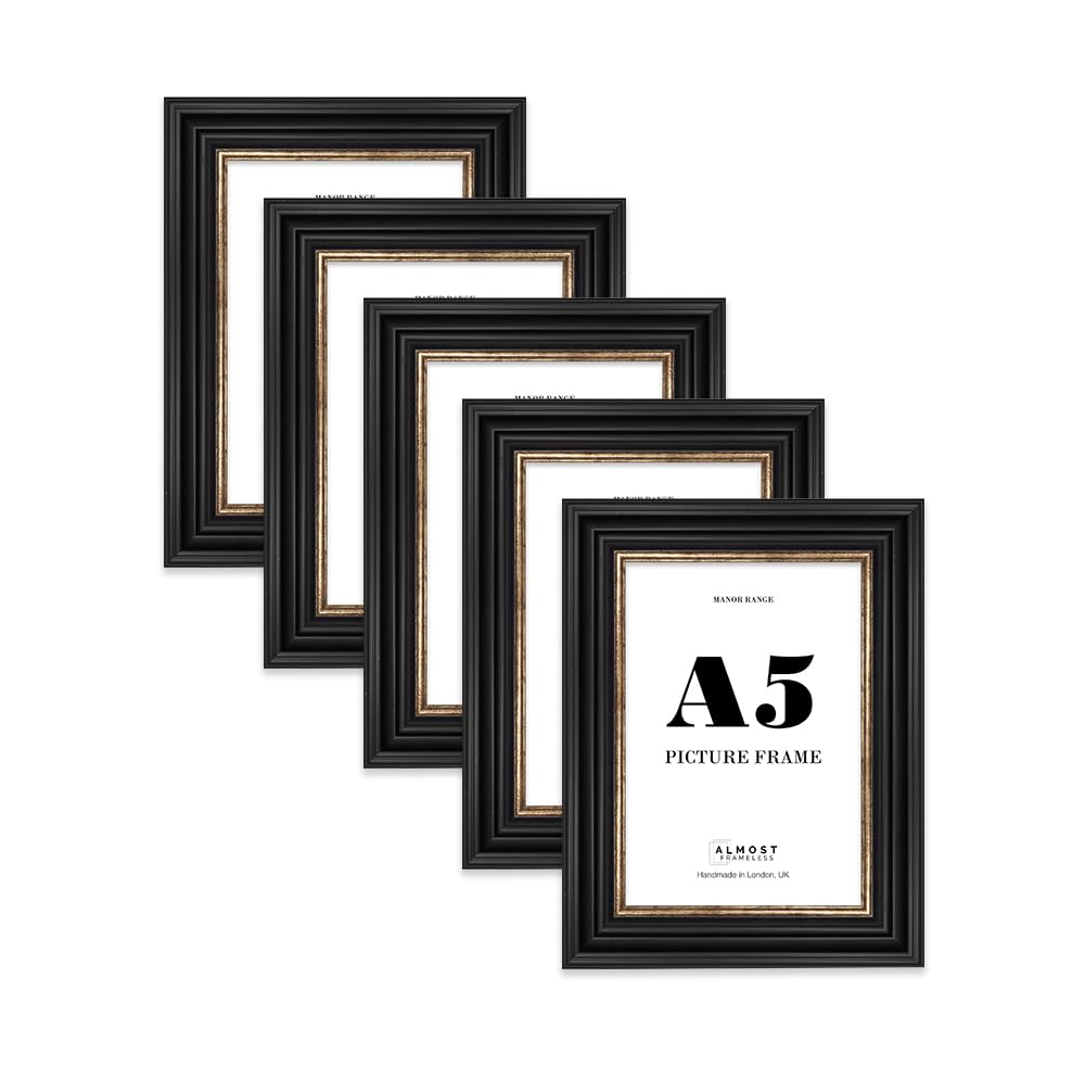 A5 Picture Frame, Display A5 Pictures (14.7 x 21.1cm) - Black & Gold Sophisticated 42mm Edge Room Decor - 5 Pack