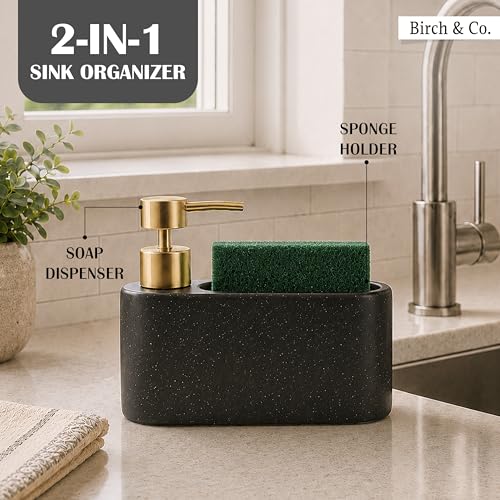 Image of Birch & Co. Kitchen Sink Caddy with 350ml Soap Dispenser, Sponge Holder & Scrubber Storage, Premium Ceramic Dish Soap Dispenser for Kitchen Countertop, Anti-Slip Base, BlackSpeckle