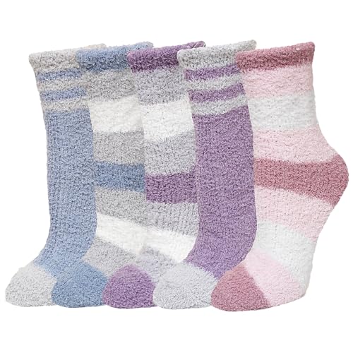 LOFIR Calcetines de Invierno Mujer para Casa: Calcetines para Térmicos Dormir - Gordos y Calentitos de Felpa o Peluche Suaves - Idea de 5 Pares Talla 36-42 Rayas