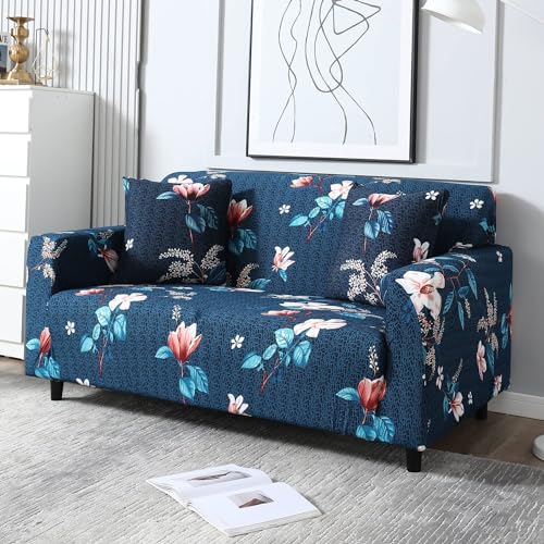 Image of Stretch Sofa Cover, Geometric Print, Elastic Slipcover for 3 Seater, Spandex Fabric, Living Room Furniture Protector (Blue)