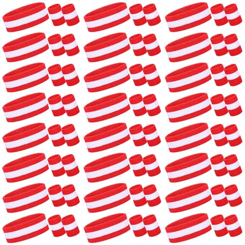 Image of 72 Pcs Bulk Striped Sweatband Set Include 24 Pcs Sweat Absorbing Striped Headbands and 48 Pcs Sweatbands Wristbands Cotton Athletic Sweat Bands for Men Women Gym Sports Workout