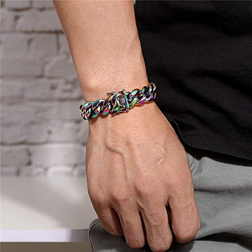Rowin&Co Cuban Curb Chain Bracelets For Men Gold/Black/Rainbow Stainless Steel Miami Link Bracelet Chain, Hip Hop Style Link Chain, 15Mm, 8 8.5 9 Inchs. #TOP2