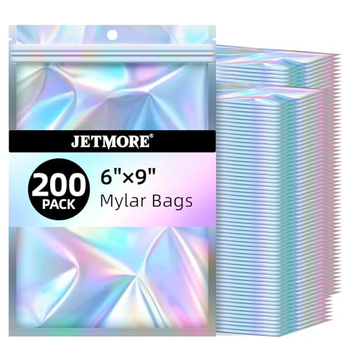 JETMORE Holographic Bags, 200 PCS Mylar Bags, 6x9in Resealable Treat Bags