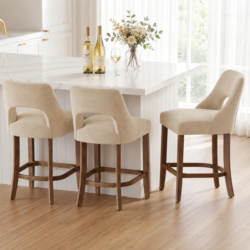 Butacos modernos de bar, set de 2 unidades, altura para barra (26 pulgadas), con respaldo y reposapiés curvo, tapizados en beige con patas de nogal, para isla de cocina, comedor y bar miniatura 6