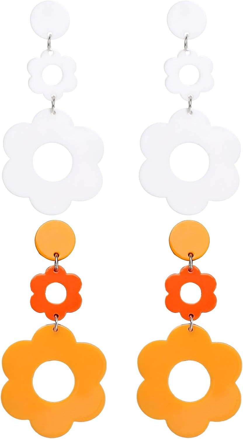 hoyuwak 2 Pairs 70s Acrylic Daisy Dangle Earrings Y2k Resin Floral Earrings 60s 70s Flowers Earrings for Women Summer Holiday, White and Yellow