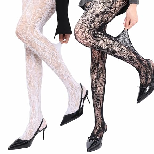 Image of Lace Tights Black White Patterned Tights for Women Fishnet Stockings for Women Halloween Costumes Parties