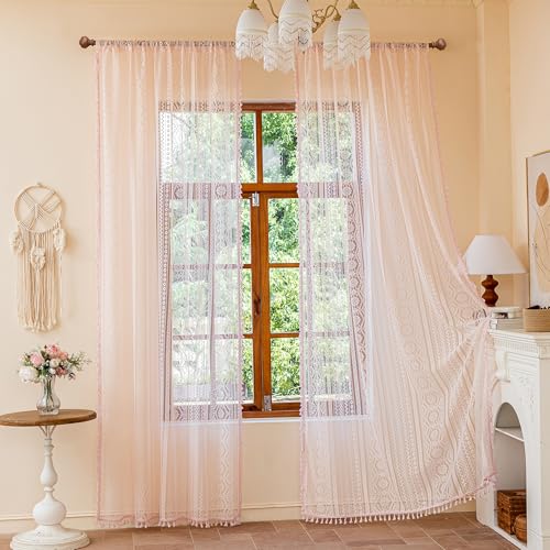 Image of MYSKY HOME Pink Sheer Lace Curtains 2 Panels 90 inch Length for Girls Room Nursery Boho Vintage Floral Crochet Pattern Privacy Rod Pocket Tassels Small Windows Curtains, Wide 55 inch, 2 PCs