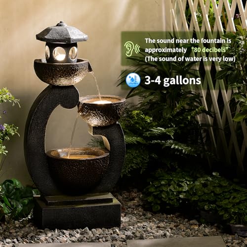 Image of Outdoor Water Fountain with LED Lights, 3-Tier Zen Garden Fountain for Patio, Yard & Porch Decor - Durable Resin Waterfall Feature with Modern Japanese-Style Design, 35 inch Tall