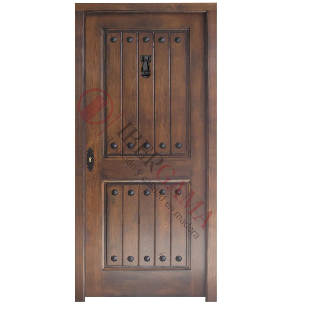 Puertas IBERGAMA - Puerta de Entrada de Madera, Barnizada en Color Nogal o en Crudo, Puerta exterior estilo Rústico. (Apertura Izquierda)