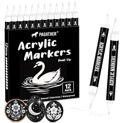 Image of Pagather White Acrylic Paint Markers, 12 Pack Dual Tip with Fine Tip and Brush Tip Pens for Stone, Wood, Calligraphy, Canvas, Ceramic, Metal, Glass, Rock Painting, DIY Crafts