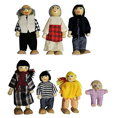 Surakey 7 Köpfige Puppenhaus Puppenfamilien Set, Holzpuppe Spielzeug Cartoon Familie Puppen Puppenhaus Zubehör…